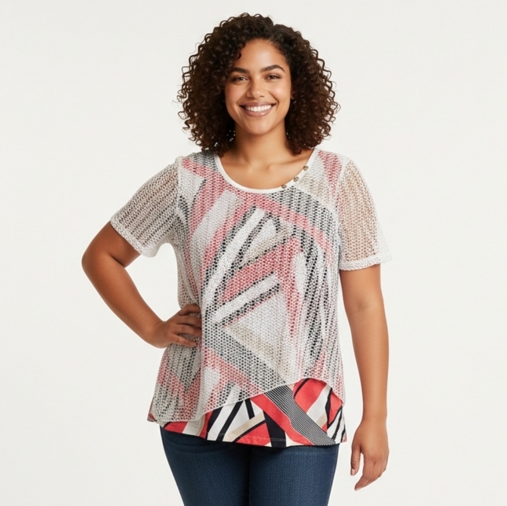 Marie Claire White Mesh Top with Pink and Blue Accents